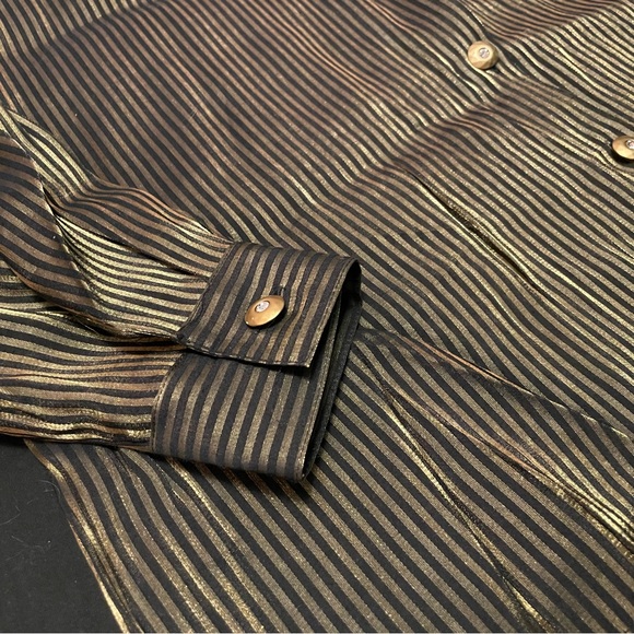Vintage Chagall Gold Metallic Shimmer Black Vertical Striped Long Sleeve Blouse - Picture 6 of 9